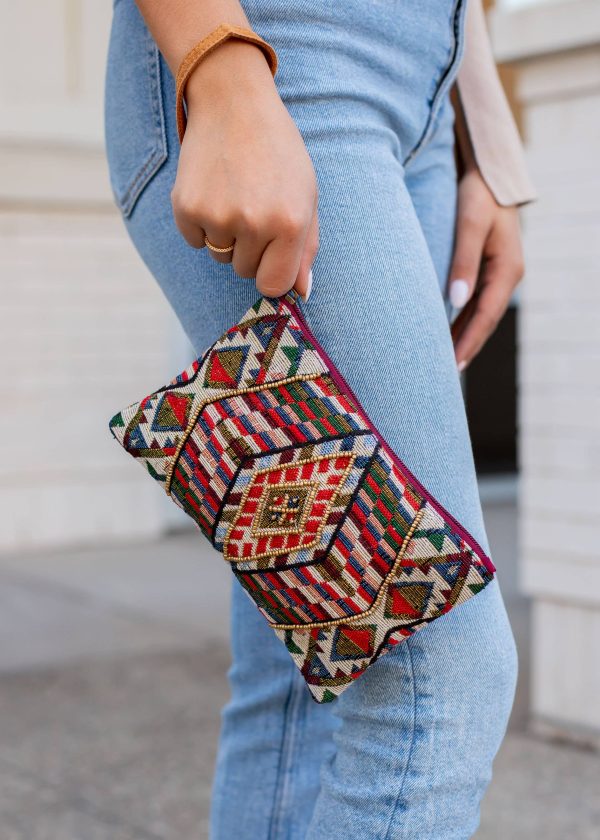 Woven Zipper Pouch - Burgundy Online now